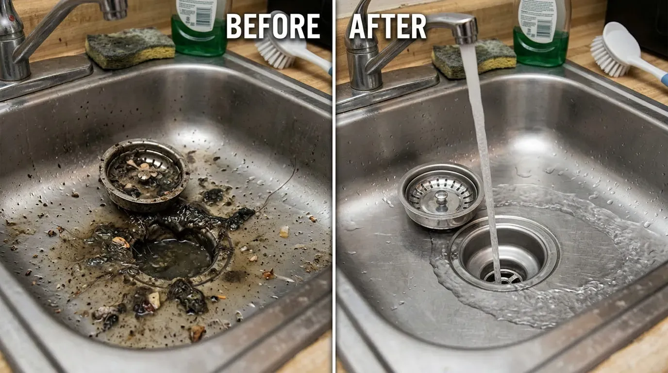 Drain clearing clogged sink repair before and after