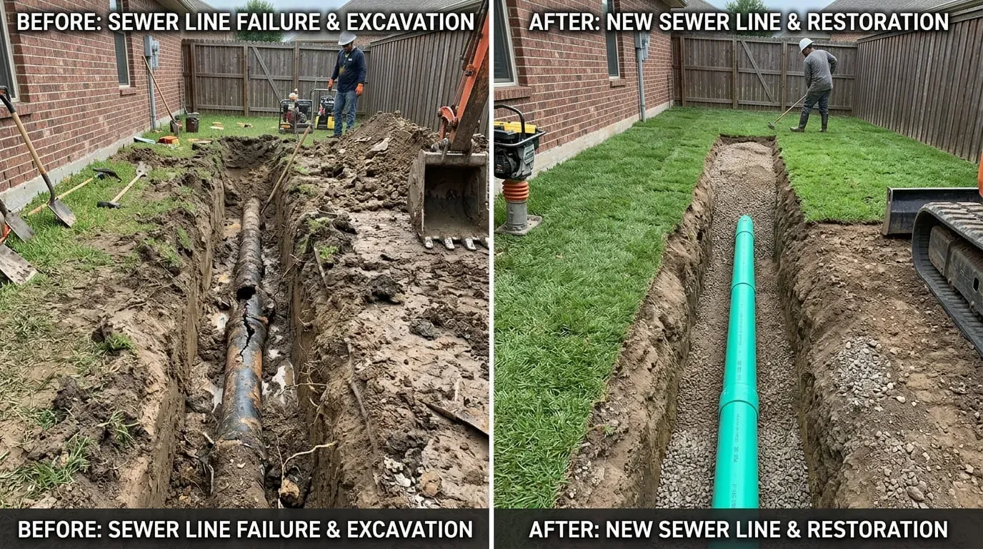 Sewer line replacement before and after in Southwest Lakewood CO